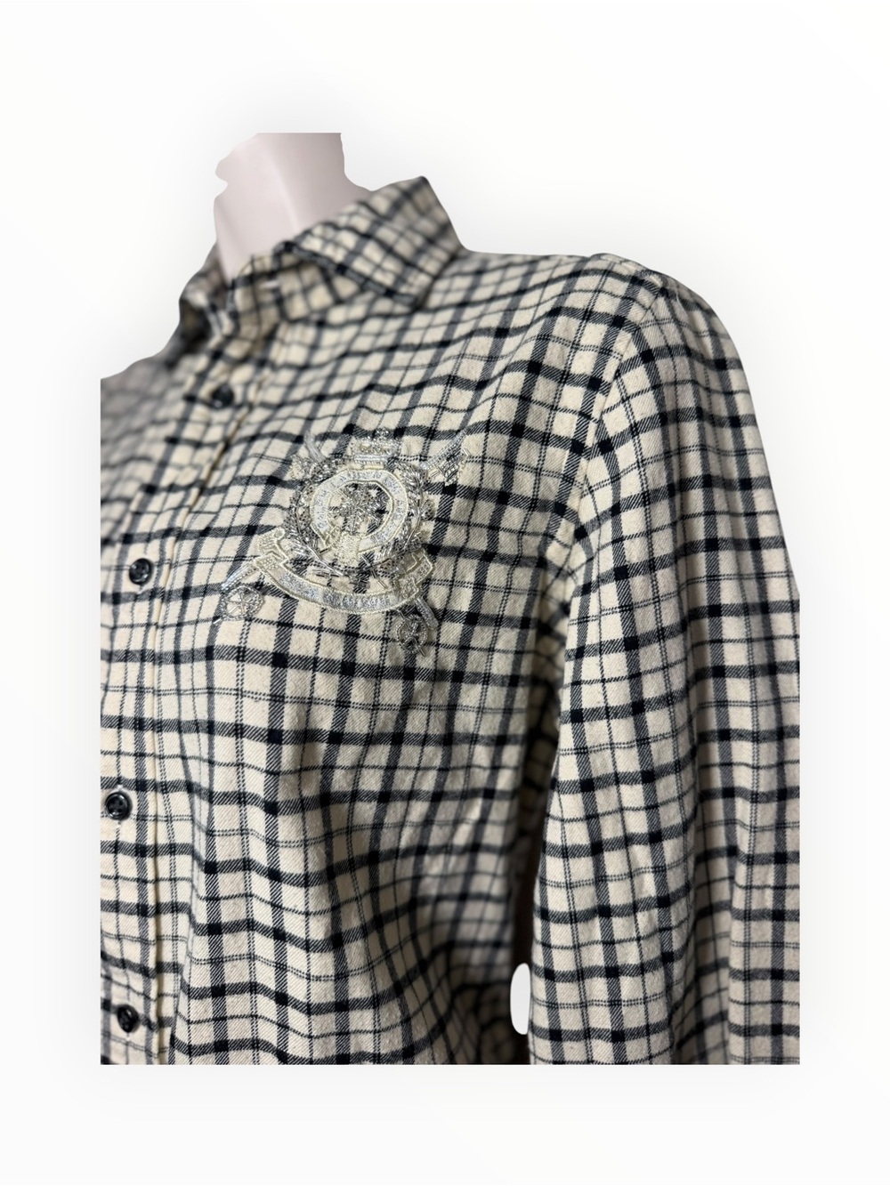 Ralph Lauren Sport Plaid beaded Crest Slim Fit Womens Button Up Shirt Size 10